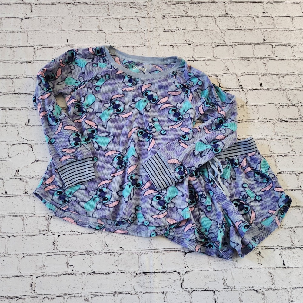 Disney Lilo & Stitch Purple Waffle Knit Thermal Pajama Set XS Long Sleeve Shorts